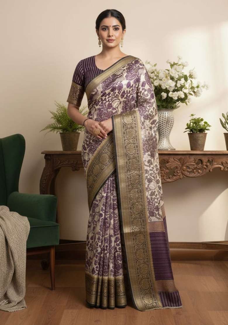 Lavender Printed Silk Blend Saree for Diwali and Festive Wear - Indya