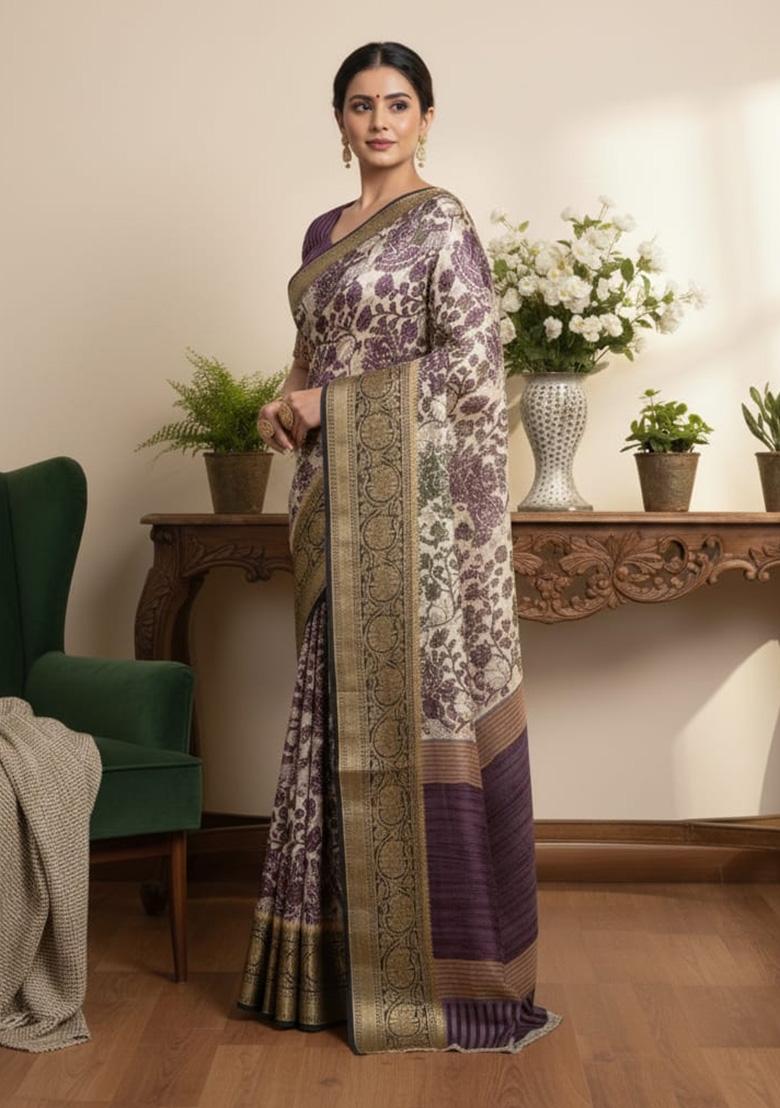 Lavender Printed Silk Saree - Indya