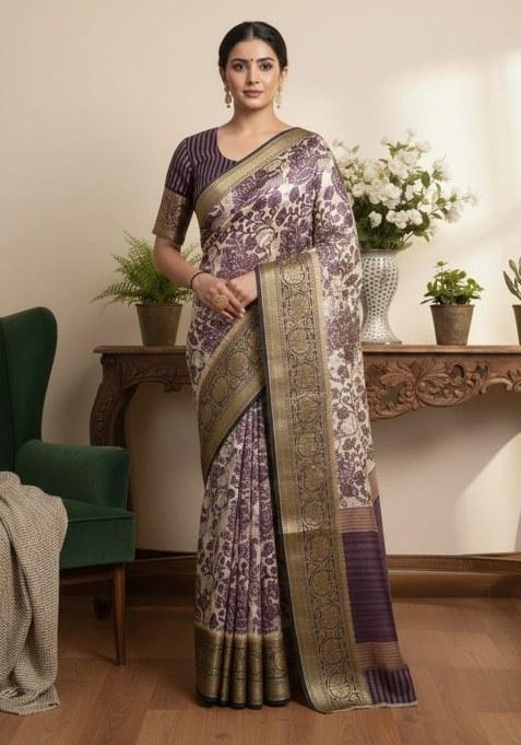 Lavender Printed Silk Saree