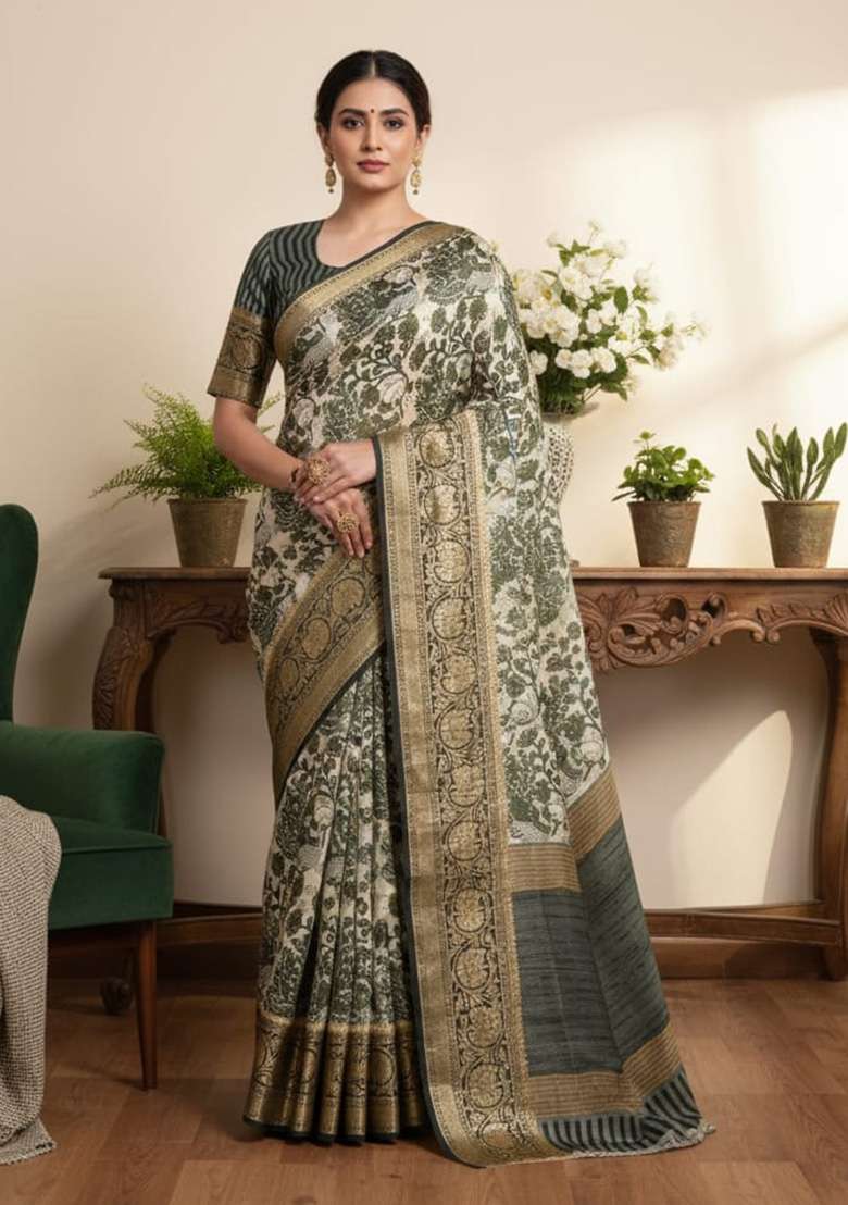 Mehendi Printed Silk Blend Saree for Diwali and Festive Wear - Indya