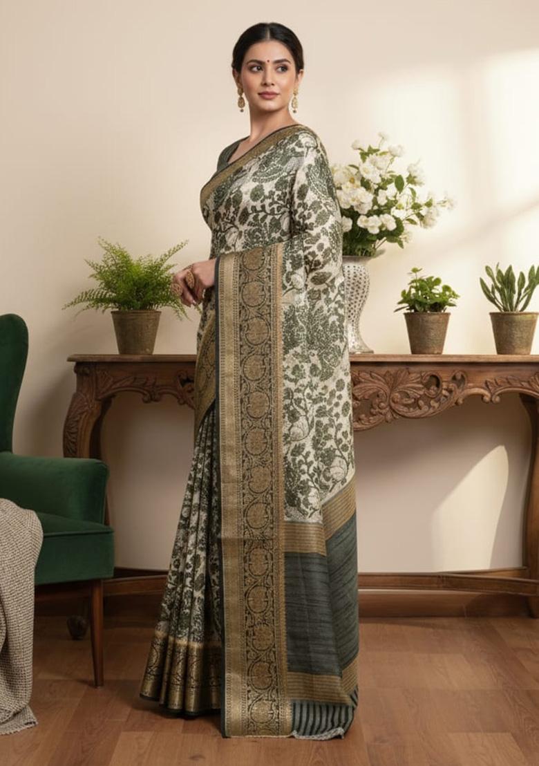 Mehendi Printed Silk Saree - Indya