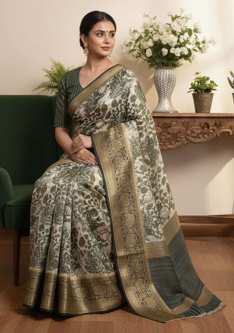 Mehendi Printed Silk Blend Saree for Diwali and Festive Wear - Indya