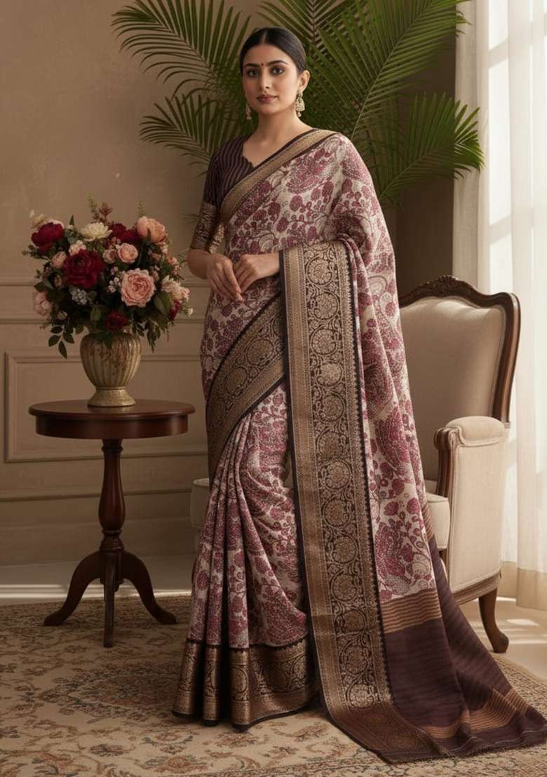 Pink Silk Blend Saree with Printed for Diwali | Wedding & Festive Wear - Indya
