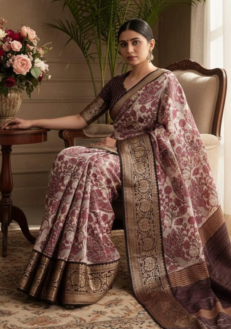 Pink Printed Silk Saree - Indya