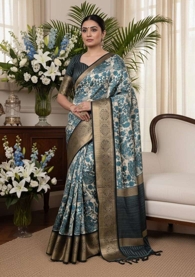 Sky Blue Printed Silk Blend Saree for Diwali and Festive Wear - Indya