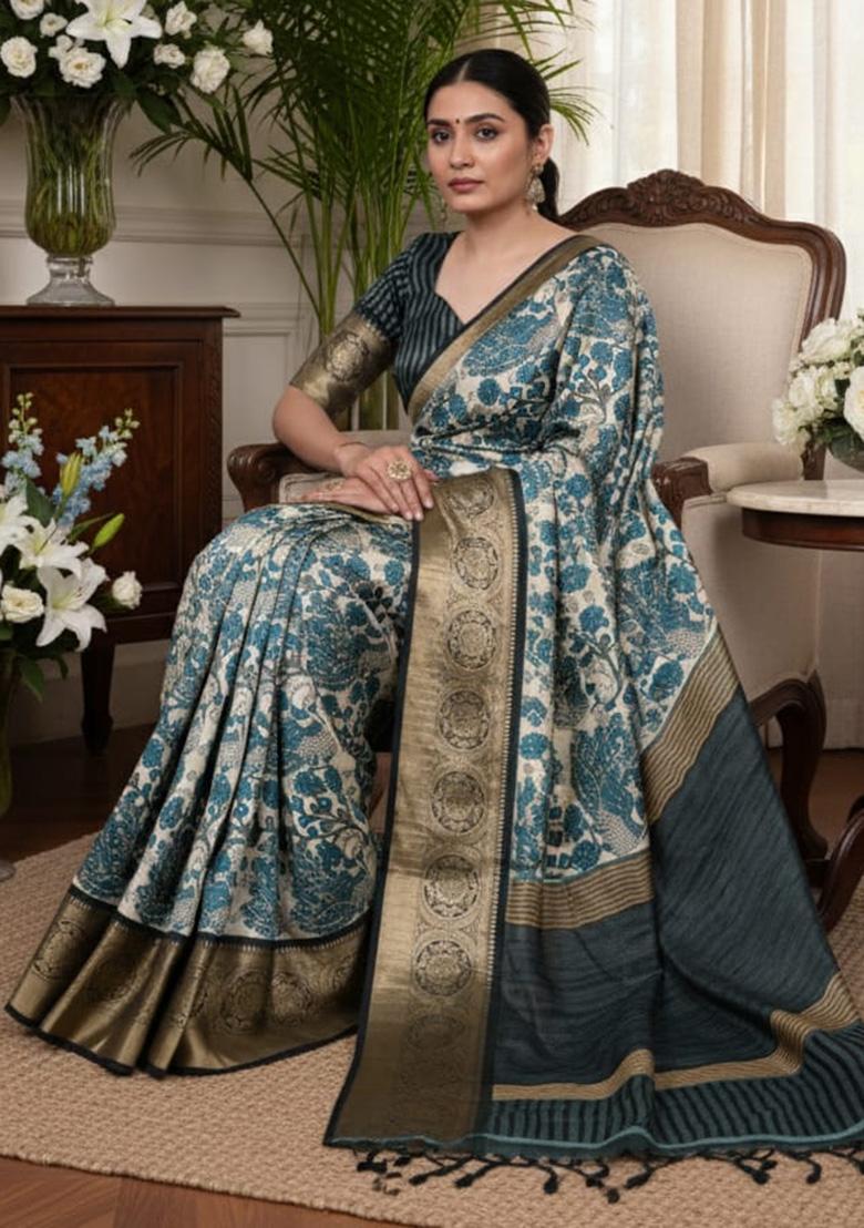 Sky Blue Printed Silk Saree - Indya