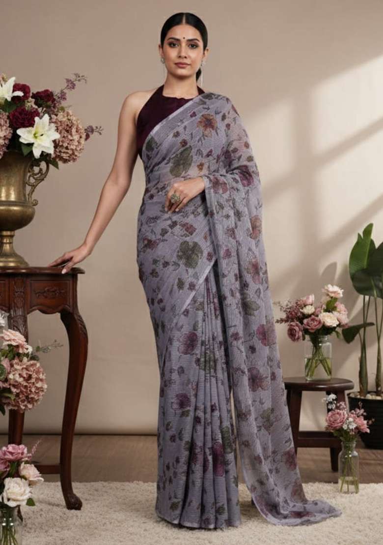 Grey Lurex Brasso Saree with Floral Printed for Diwali | Wedding & Festive Wear - Indya