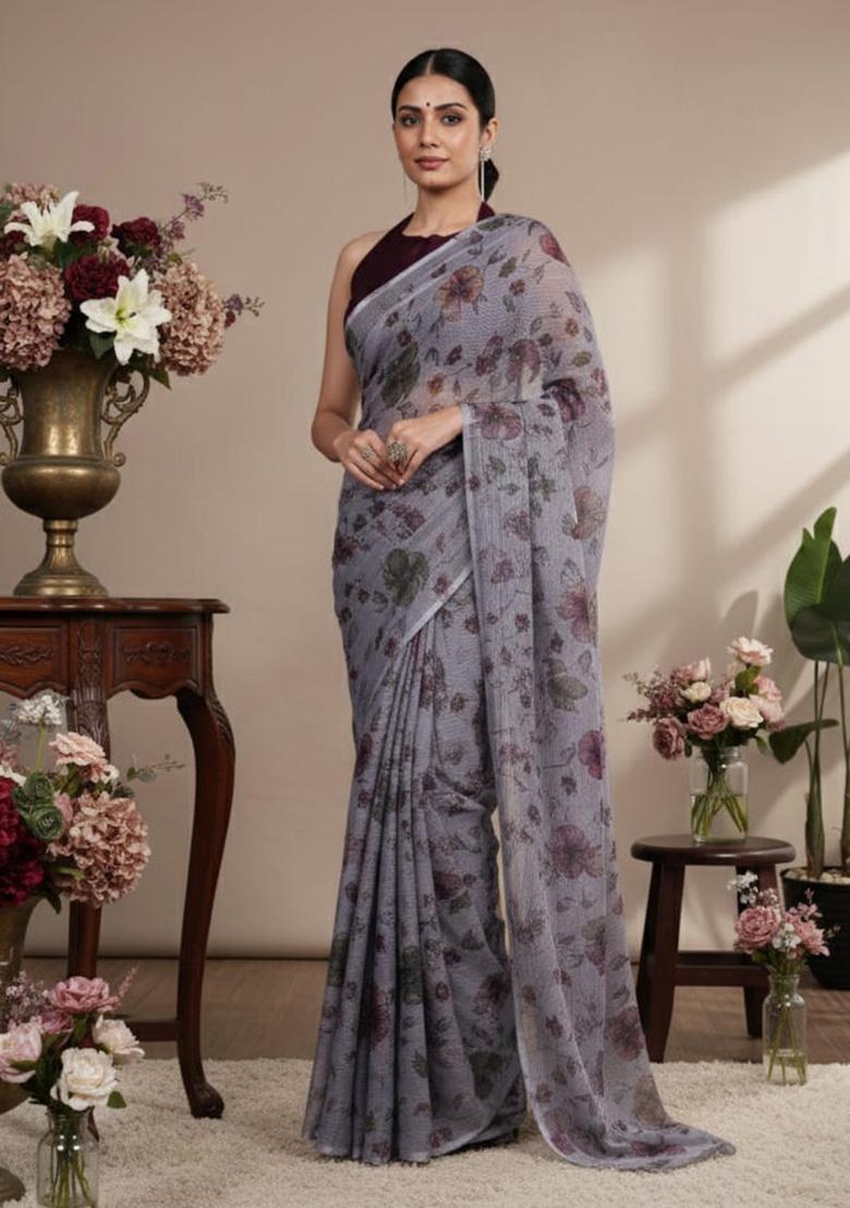 Grey Floral Printed Lurex Brasso Saree - Indya
