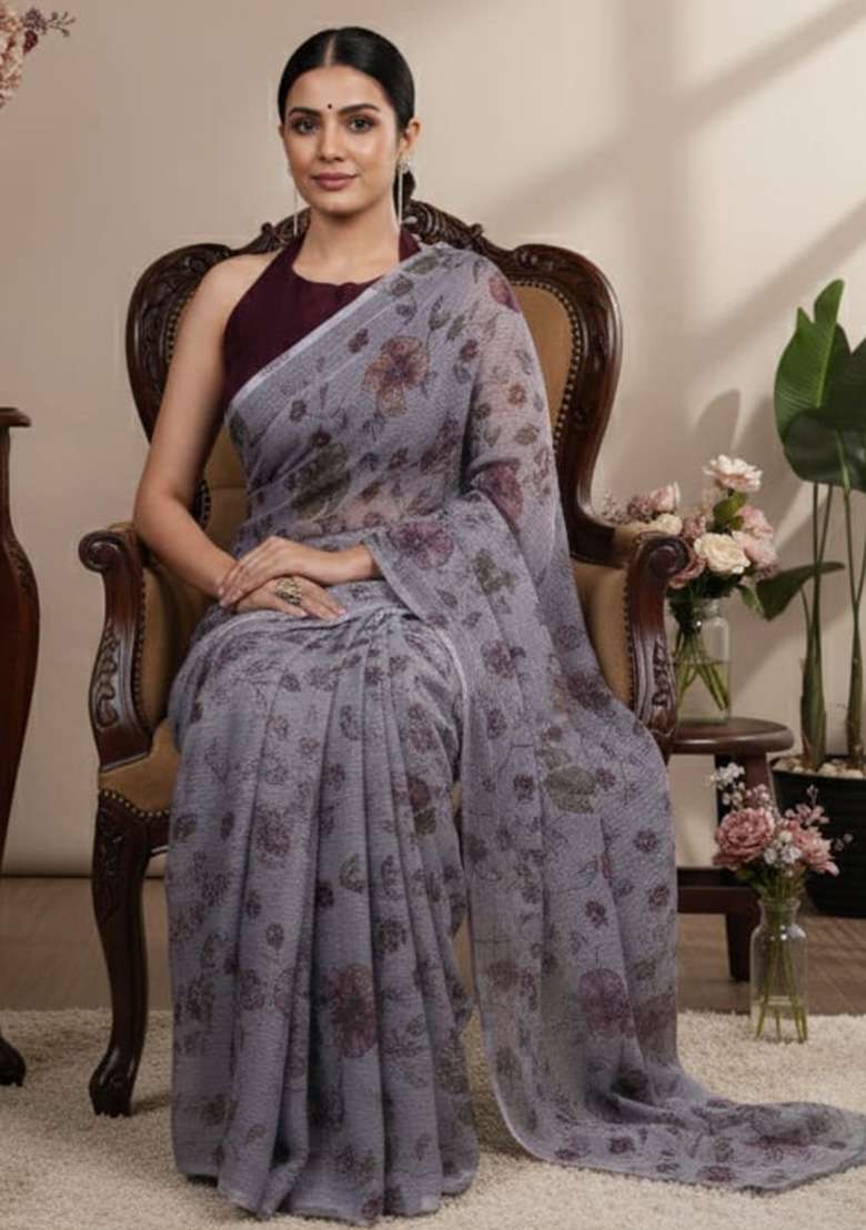 Grey Lurex Brasso Saree with Floral Printed for Diwali | Wedding & Festive Wear - Indya