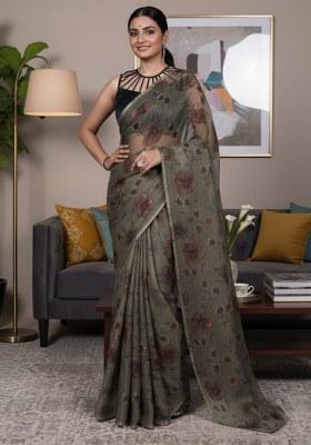 Mehendi Floral Printed Lurex Brasso Saree