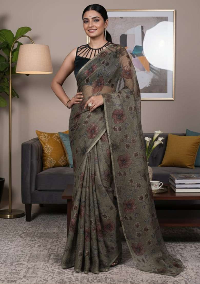 Mehendi Lurex Brasso Saree with Floral Printed for Diwali | Wedding & Festive Wear - Indya