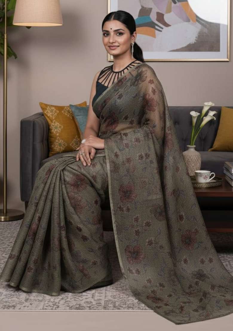 Mehendi Lurex Brasso Saree with Floral Printed for Diwali | Wedding & Festive Wear - Indya