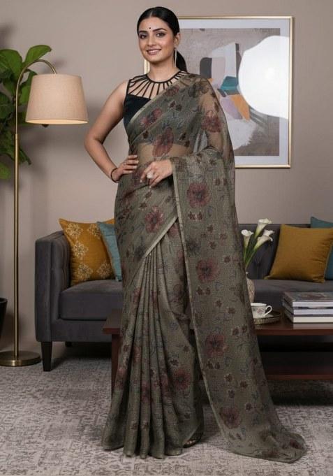Mehendi Floral Printed Lurex Brasso Saree