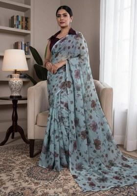 Soft Green Floral Printed Lurex Brasso Saree