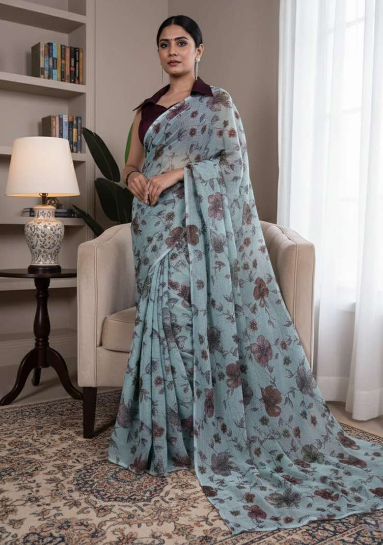 Soft Green Lurex Brasso Saree with Floral Printed for Diwali | Wedding & Festive Wear - Indya