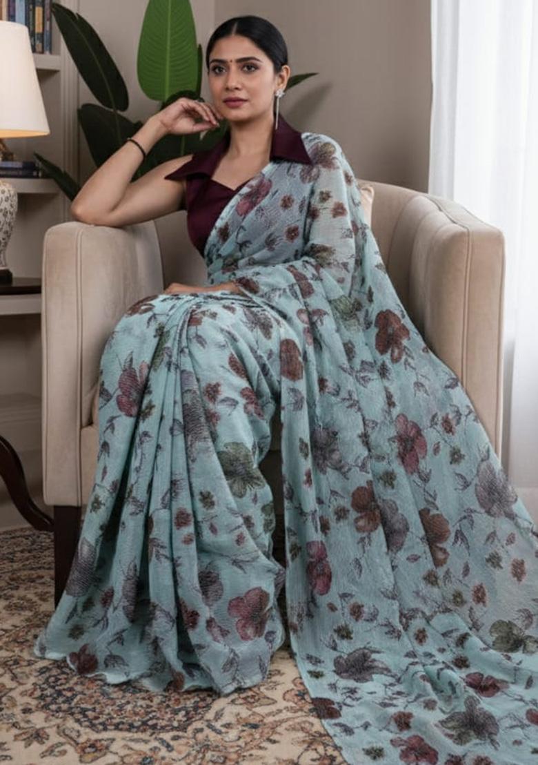 Soft Green Floral Printed Lurex Brasso Saree - Indya