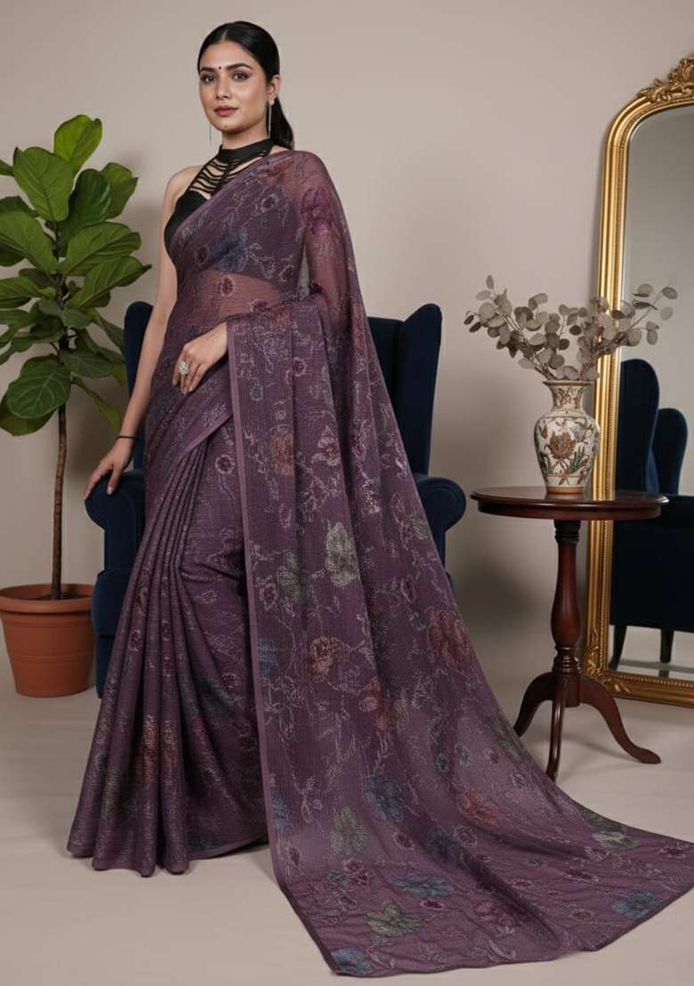 Wine Floral Printed Lurex Brasso Saree for Diwali and Festive Wear - Indya