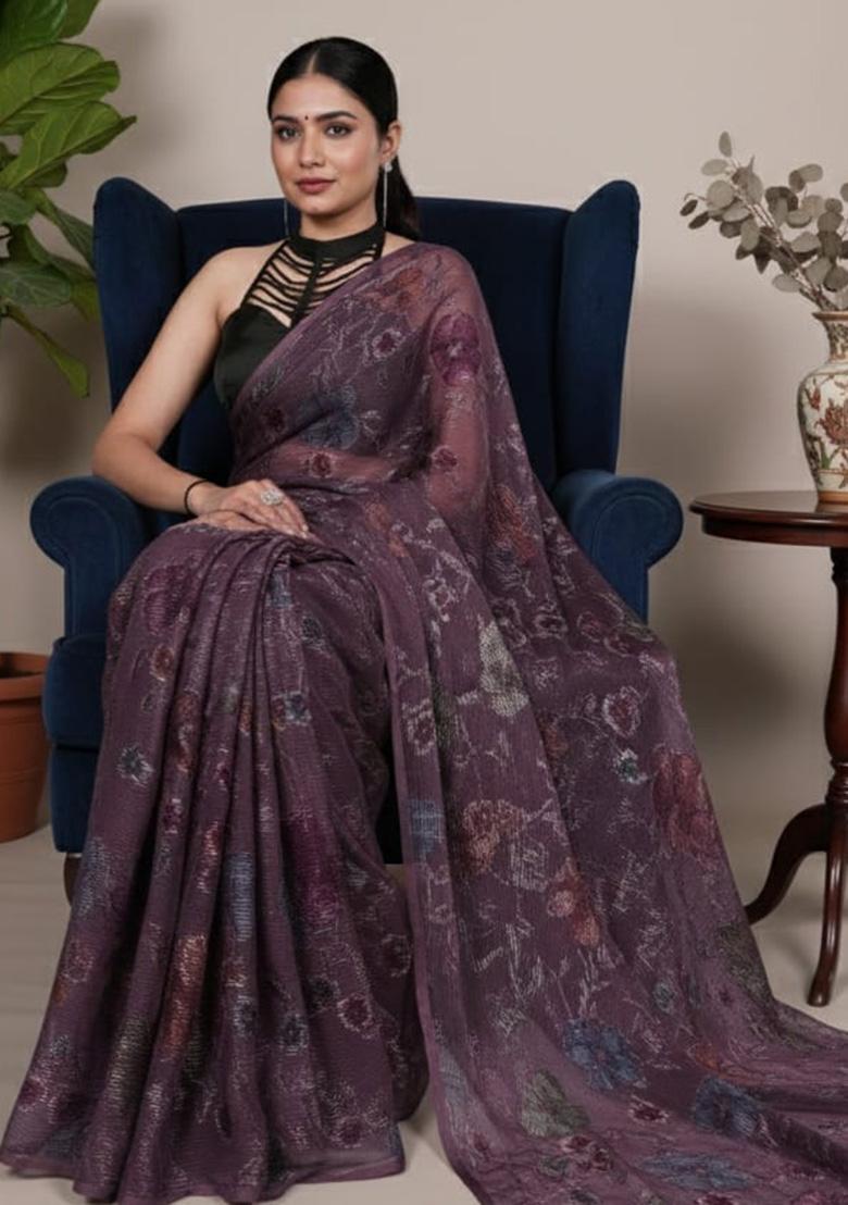 Wine Floral Printed Lurex Brasso Saree - Indya