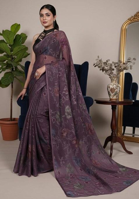 Wine Floral Printed Lurex Brasso Saree
