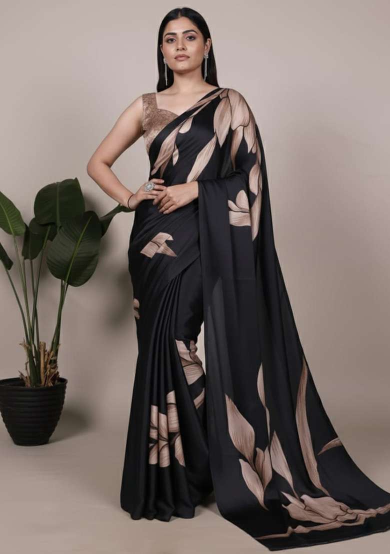 Black Silk Blend Saree with Printed for Diwali | Wedding & Festive Wear - Indya