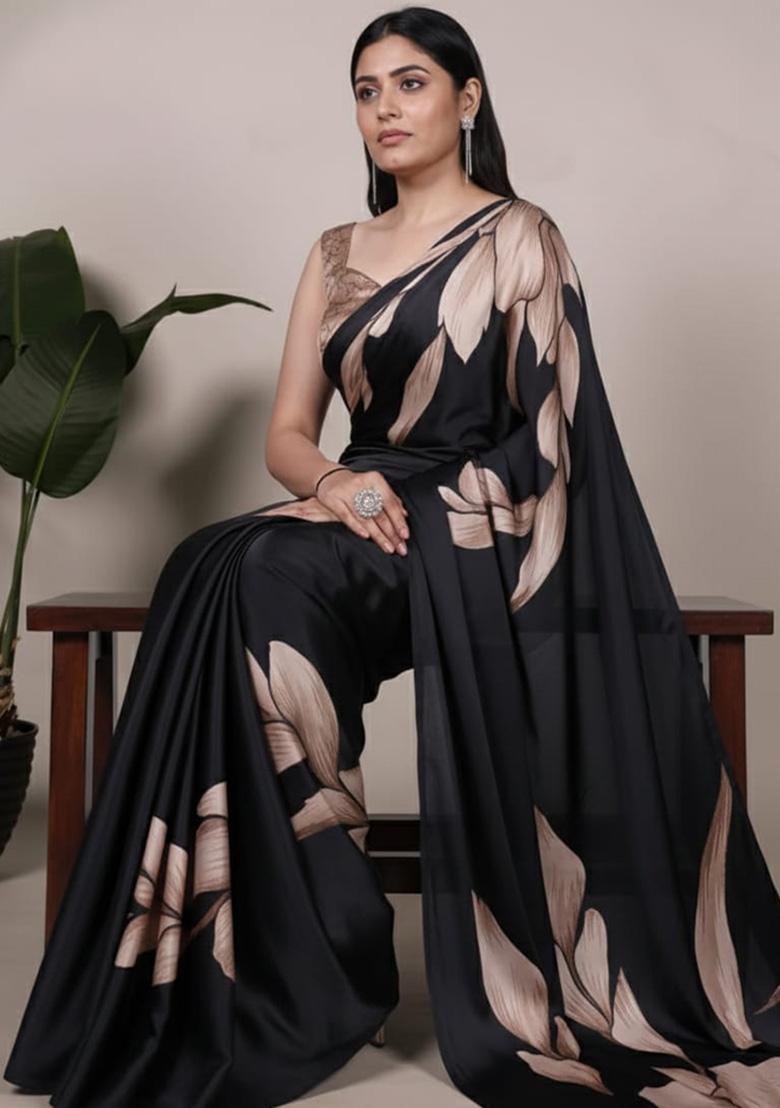 Black Printed Silk Saree - Indya