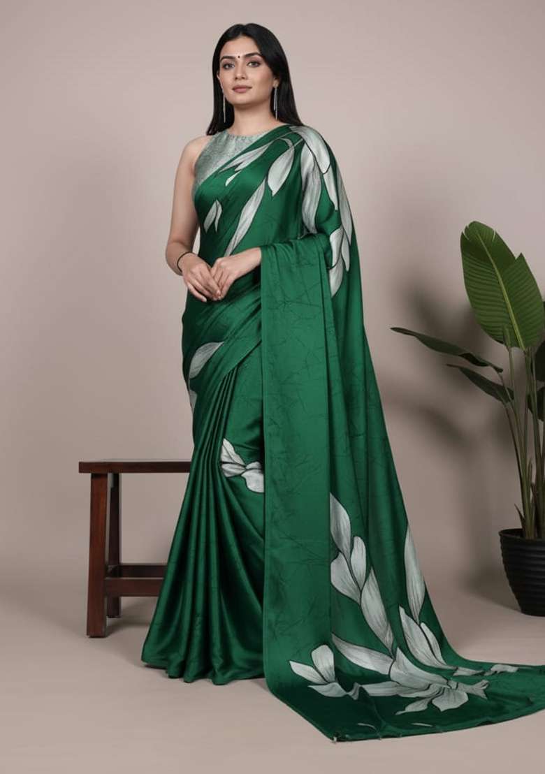 Green Printed Silk Blend Saree for Diwali and Festive Wear - Indya