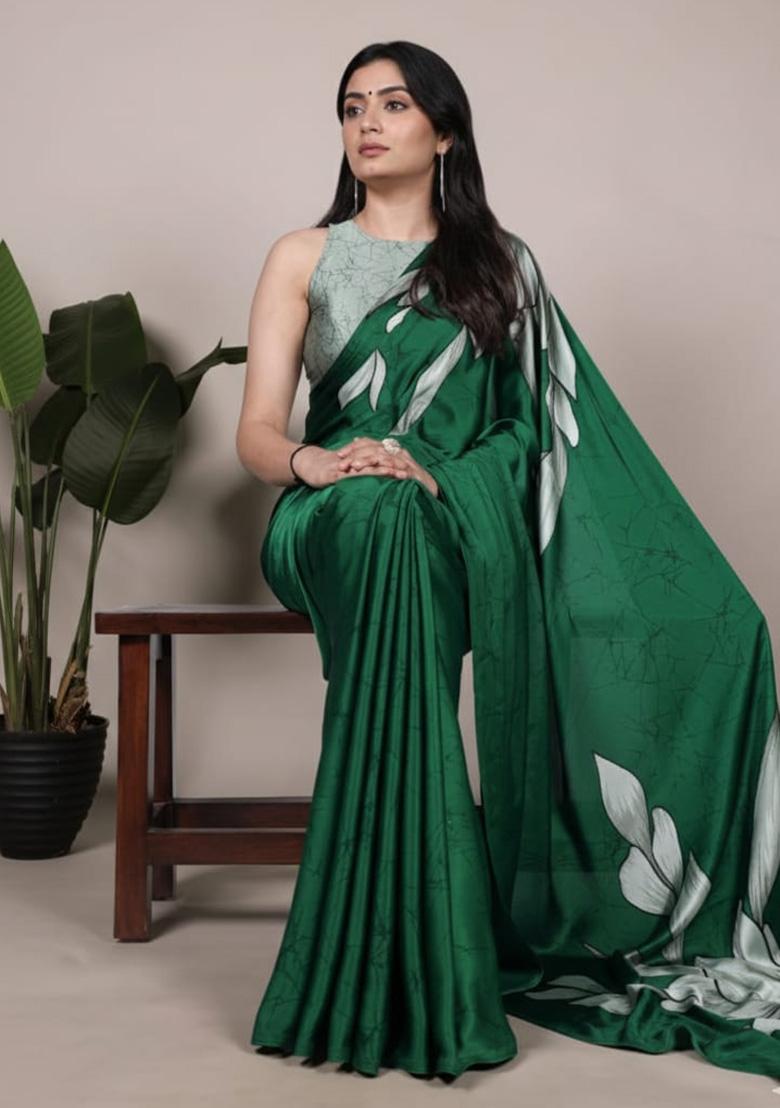 Green Printed Silk Saree - Indya