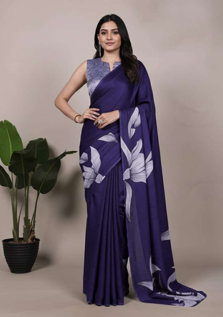 Navy Blue Silk Blend Saree with Printed for Diwali | Wedding & Festive Wear - Indya