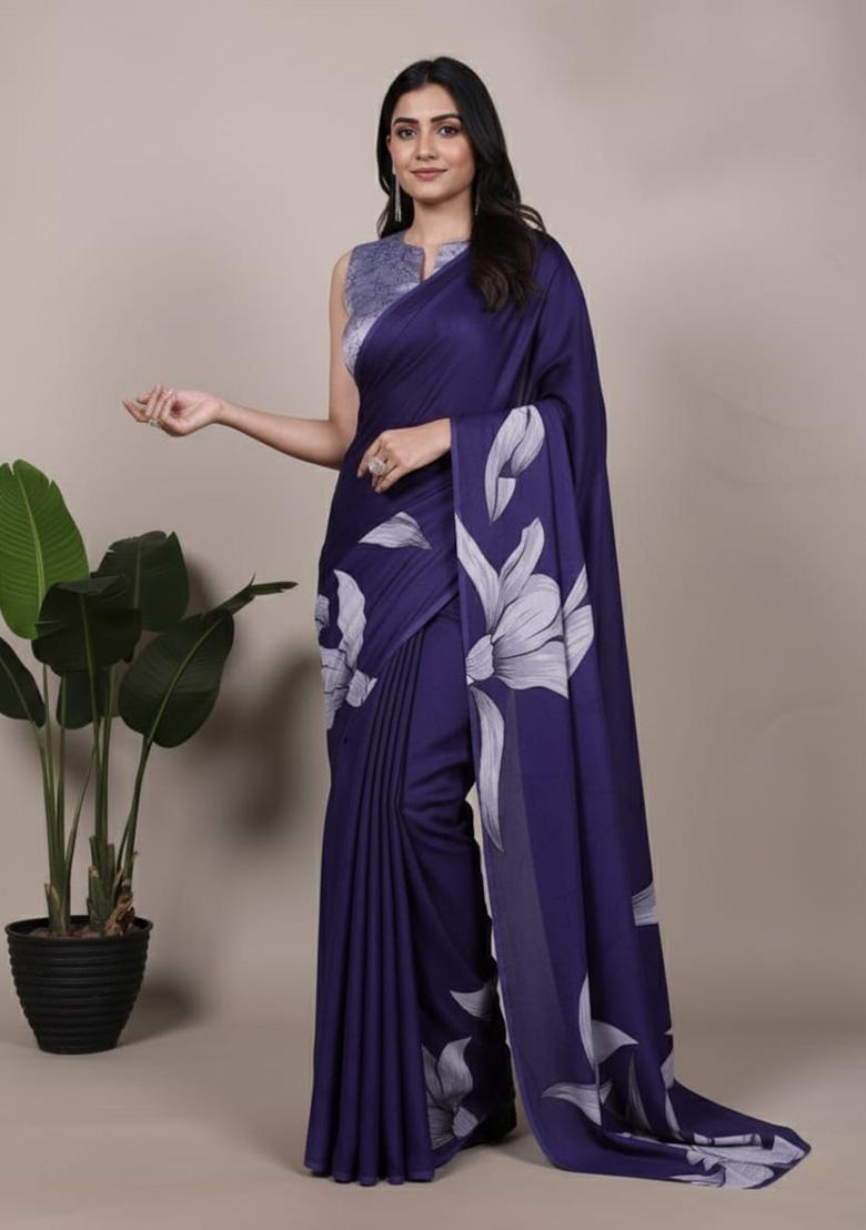 Navy Blue Printed Silk Saree - Indya