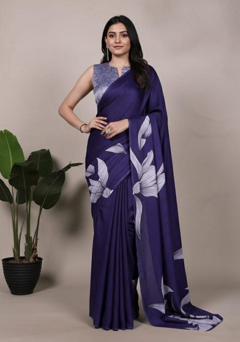 Navy Blue Printed Silk Saree