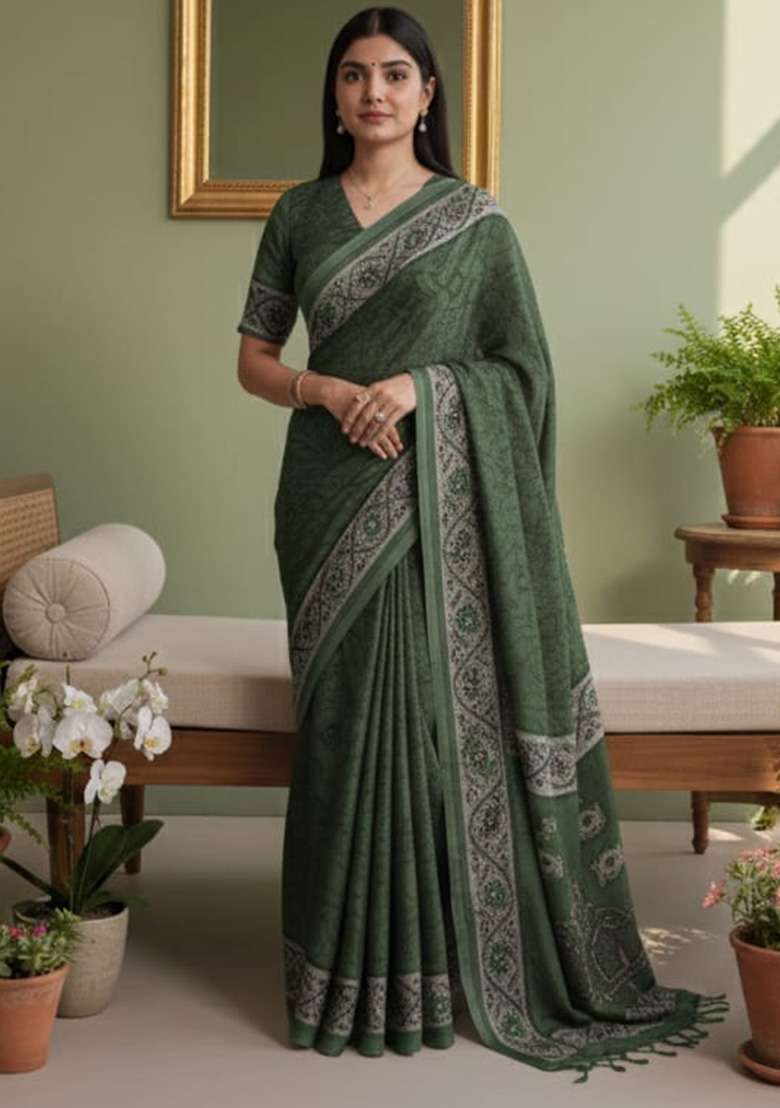 Mehendi Crepe Saree with Printed for Diwali | Wedding & Festive Wear - Indya