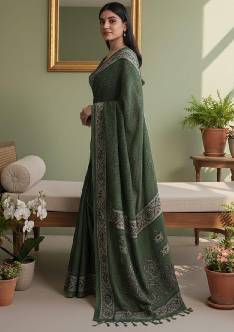 Mehendi Printed Crepe Saree - Indya