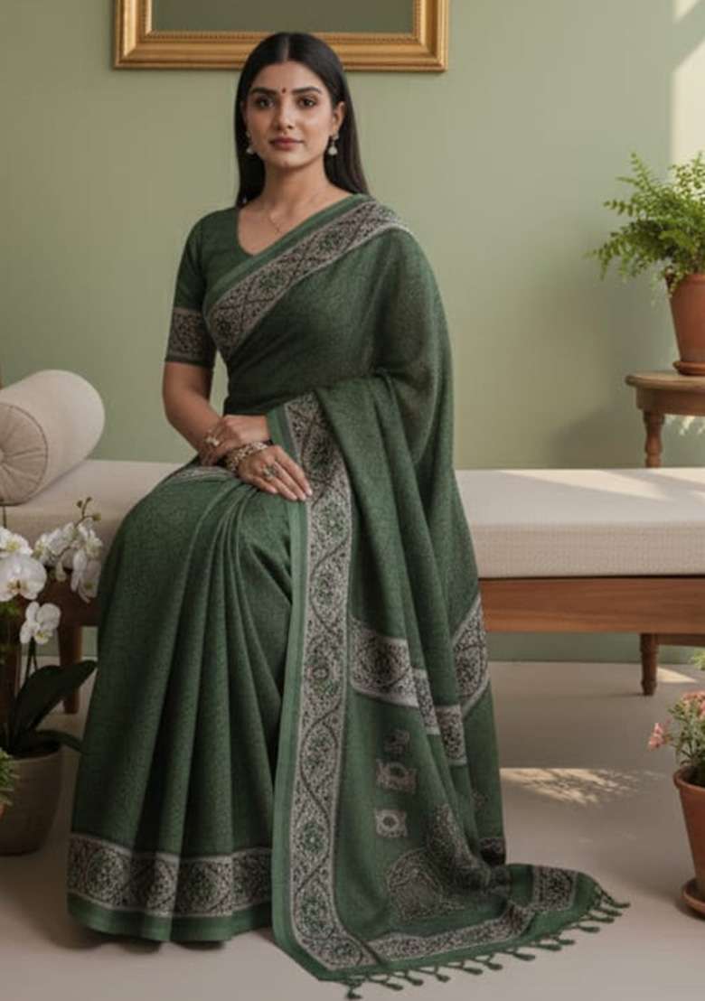 Mehendi Crepe Saree with Printed for Diwali | Wedding & Festive Wear - Indya