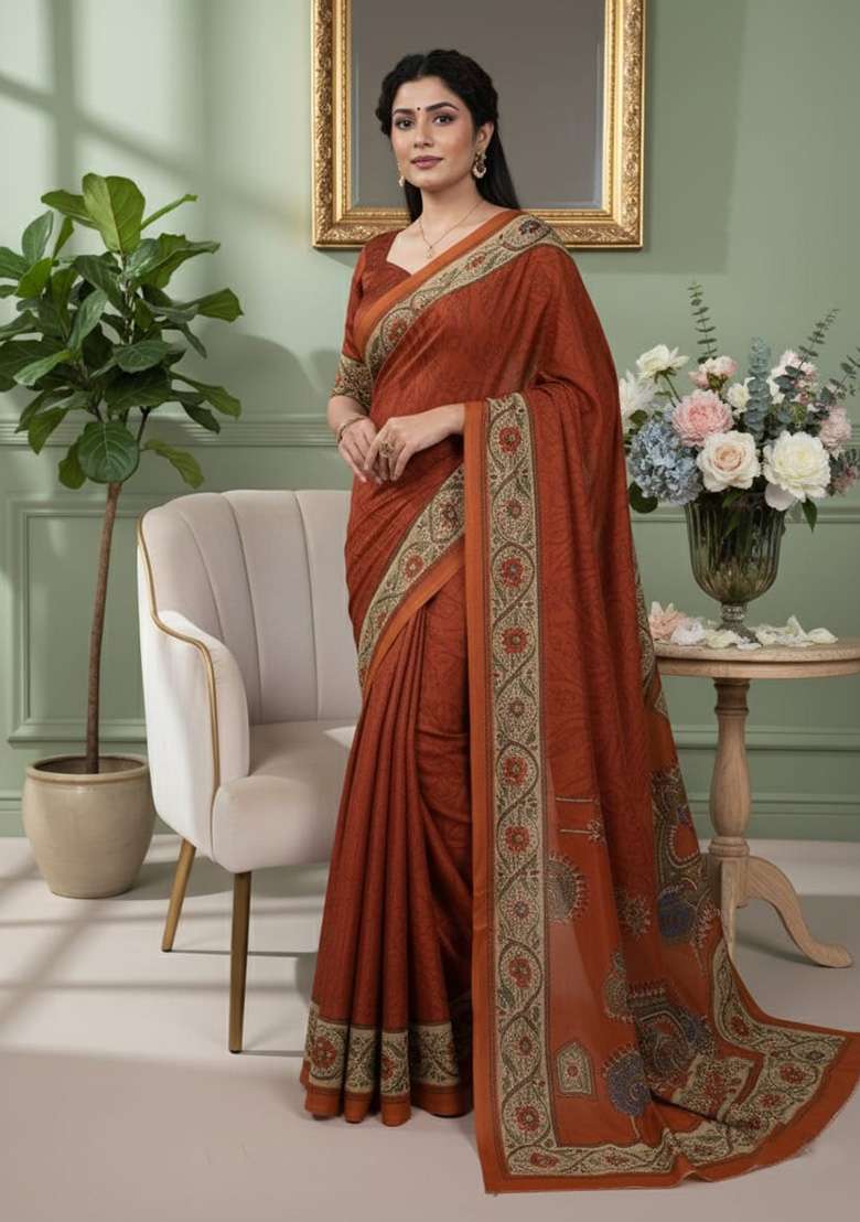 Orange Crepe Saree with Printed for Diwali | Wedding & Festive Wear - Indya