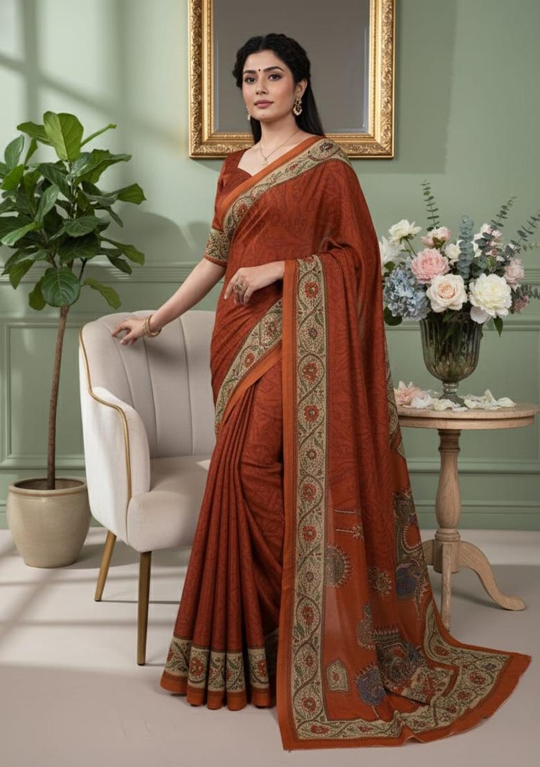 Orange Printed Crepe Saree - Indya