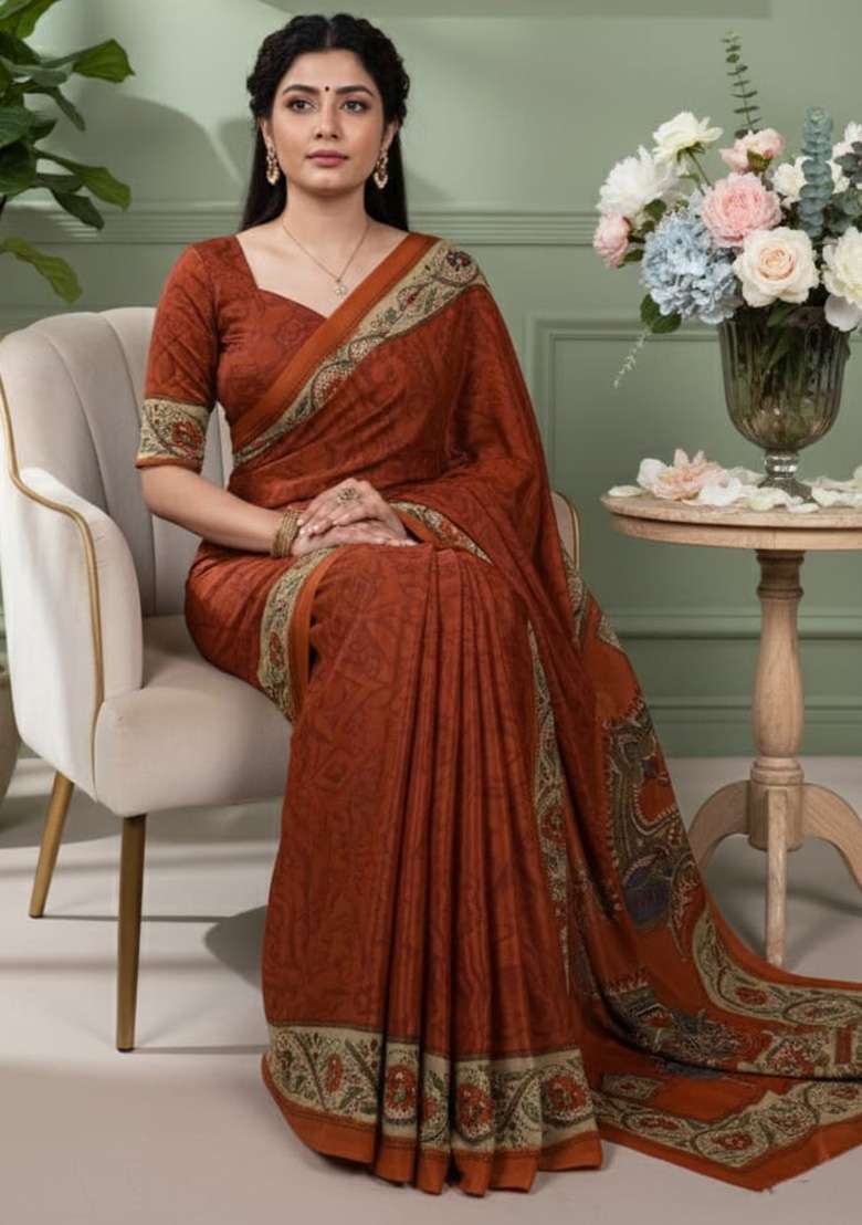 Orange Crepe Saree with Printed for Diwali | Wedding & Festive Wear - Indya