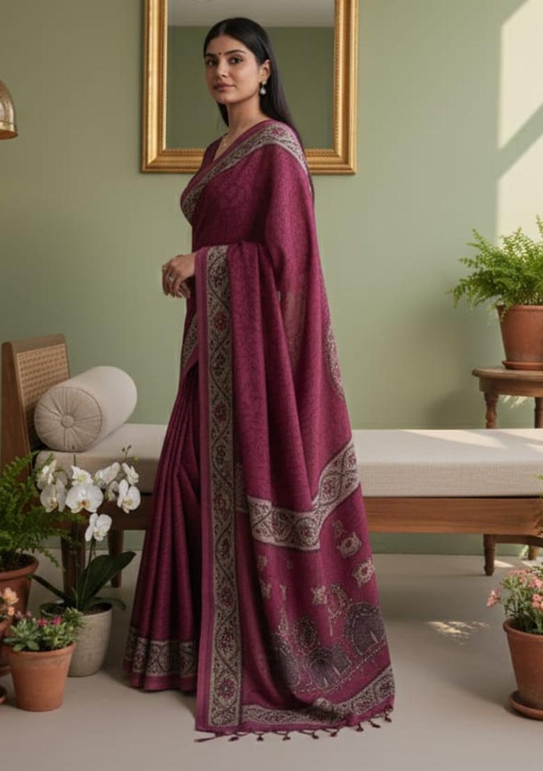 Pink Printed Crepe Saree - Indya
