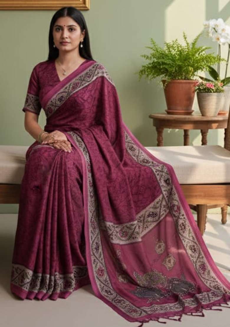 Pink Crepe Saree with Printed for Diwali | Wedding & Festive Wear - Indya