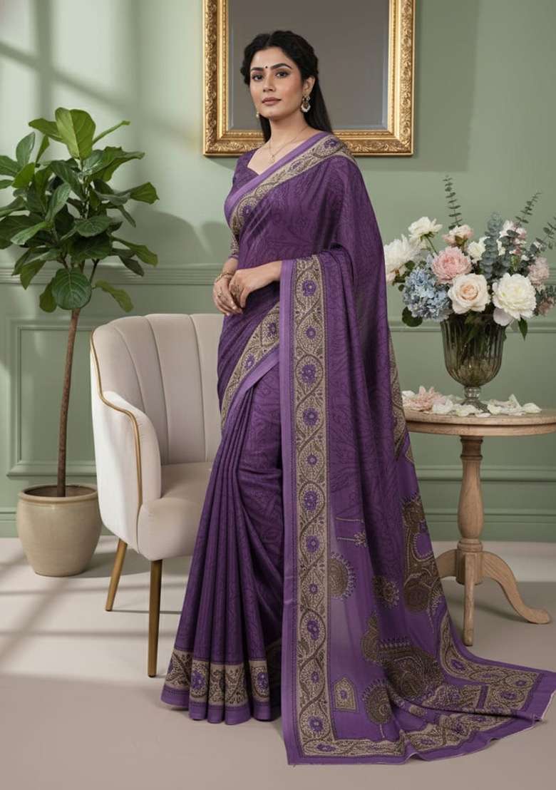 Purple Printed Crepe Saree for Diwali and Festive Wear - Indya
