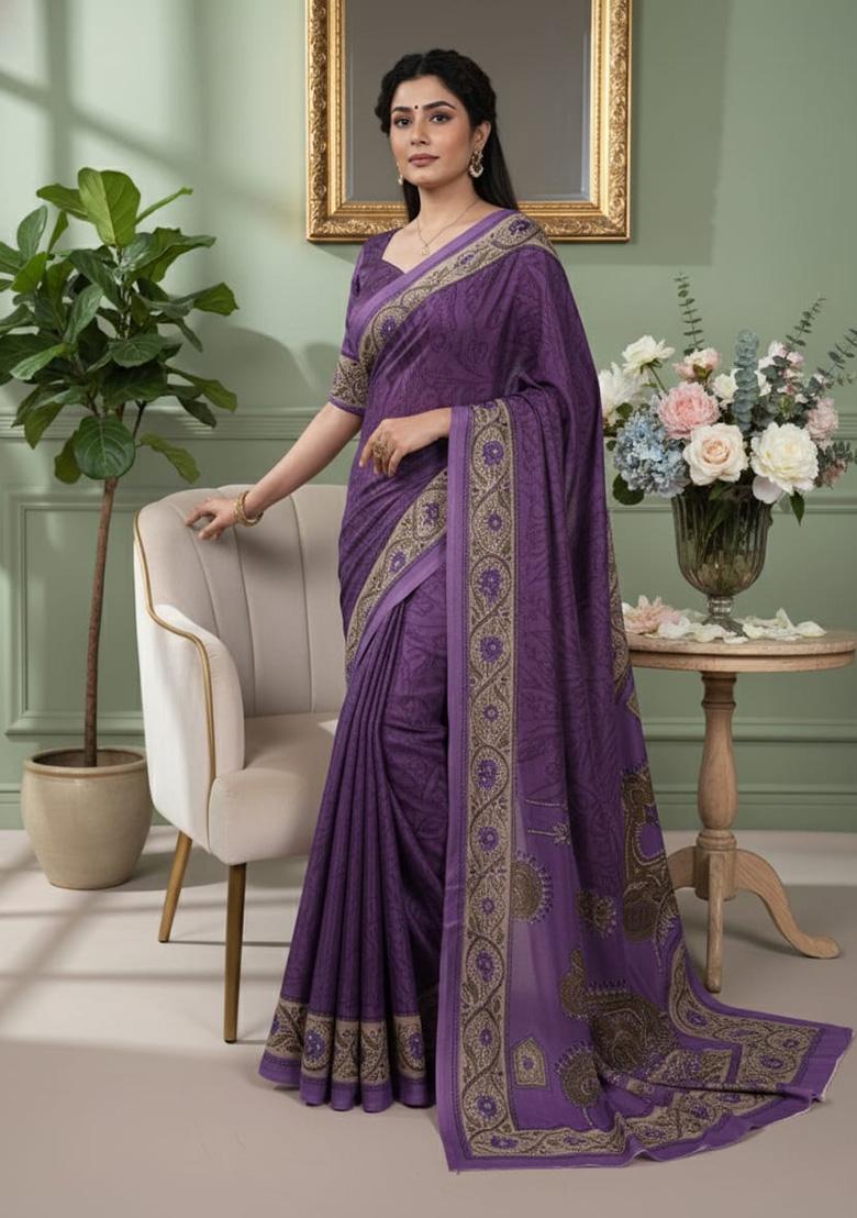Purple Printed Crepe Saree - Indya