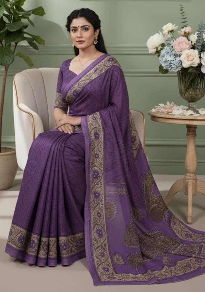 Purple Printed Crepe Saree for Diwali and Festive Wear - Indya