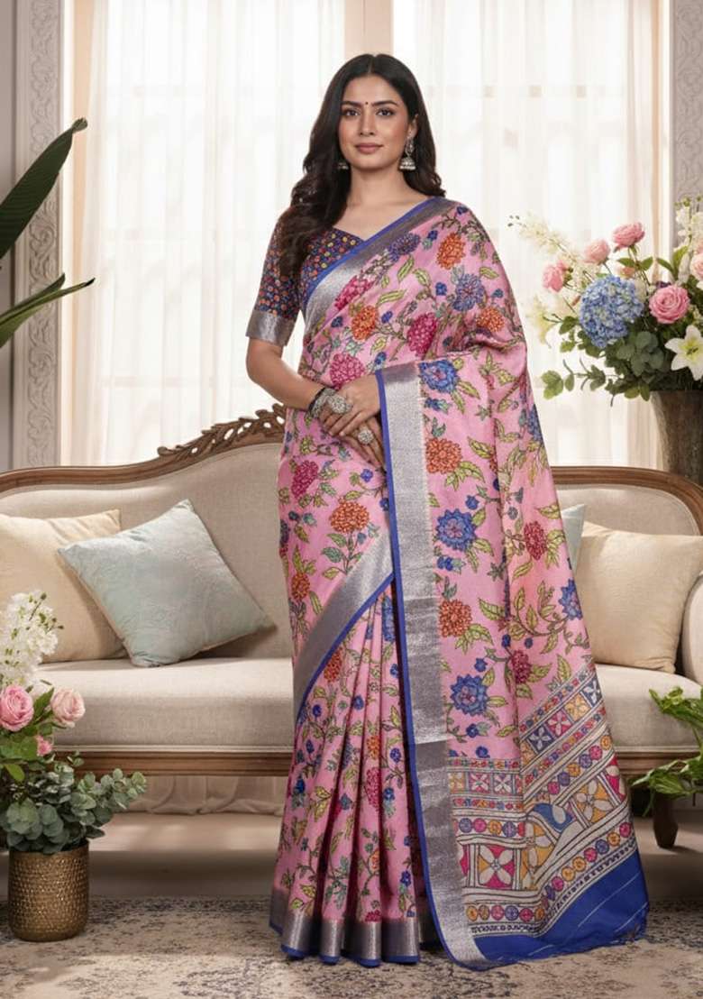 Light Pink Printed Silk Blend Saree for Diwali and Festive Wear - Indya