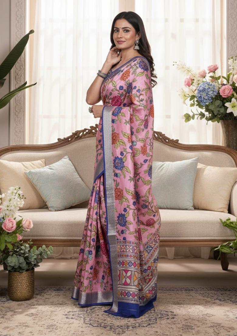 Light Pink Printed Silk Saree - Indya