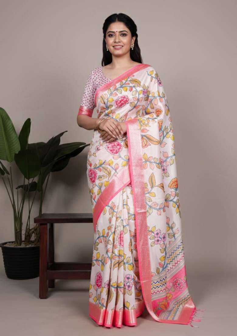 Off-White Printed Silk Blend Saree for Diwali and Festive Wear - Indya
