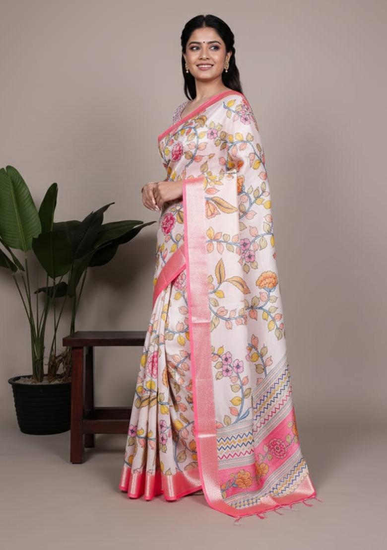 Off-White Printed Silk Saree - Indya