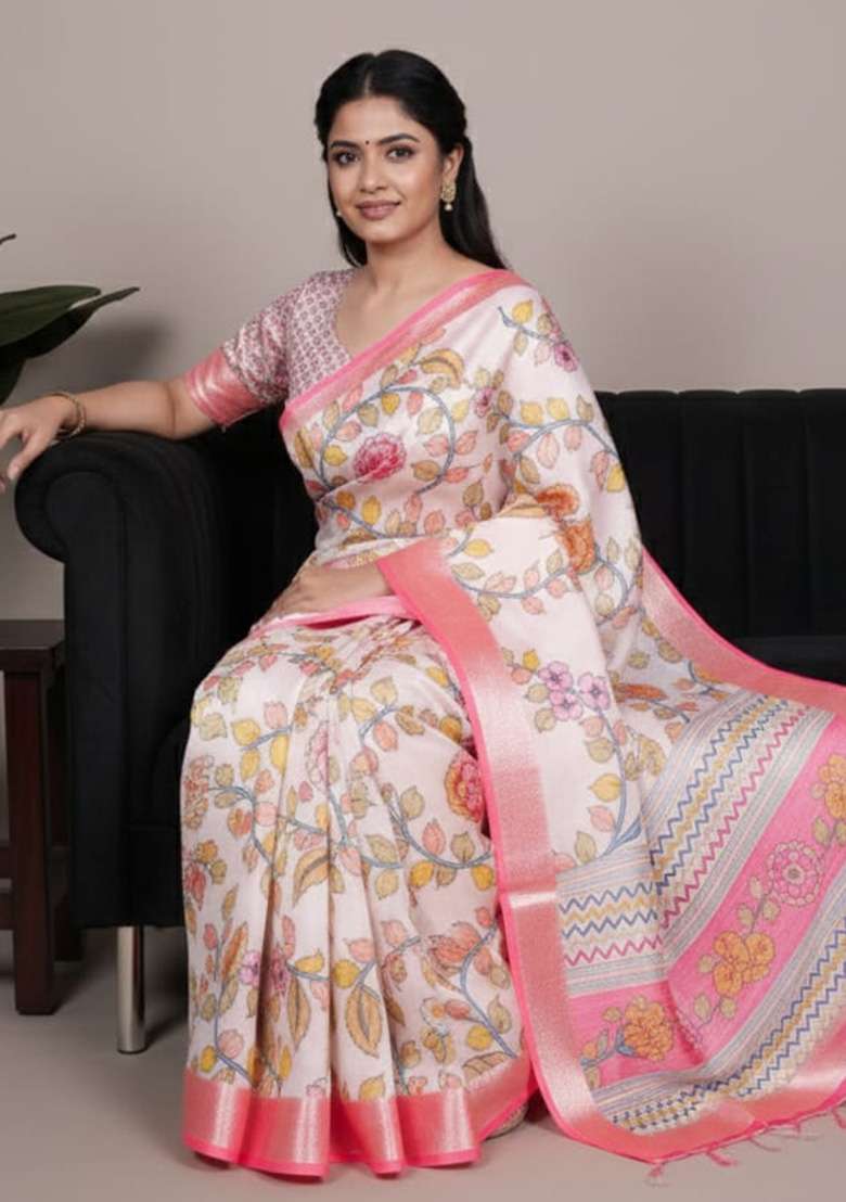 Off-White Printed Silk Blend Saree for Diwali and Festive Wear - Indya