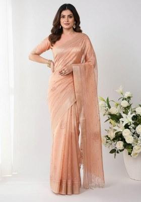 Orange Embroidered Poly Shimmer Saree