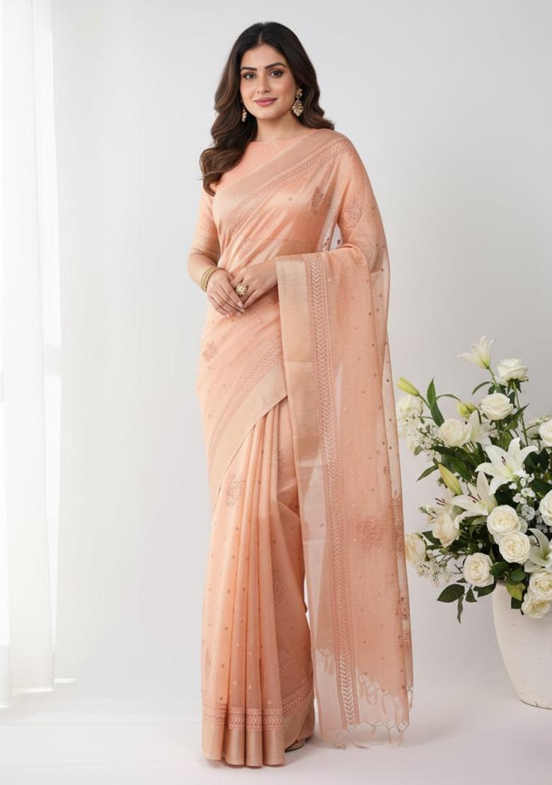Orange Embroidered Poly Shimmer Saree - Indya