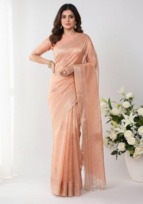 Orange Embroidered Poly Shimmer Saree