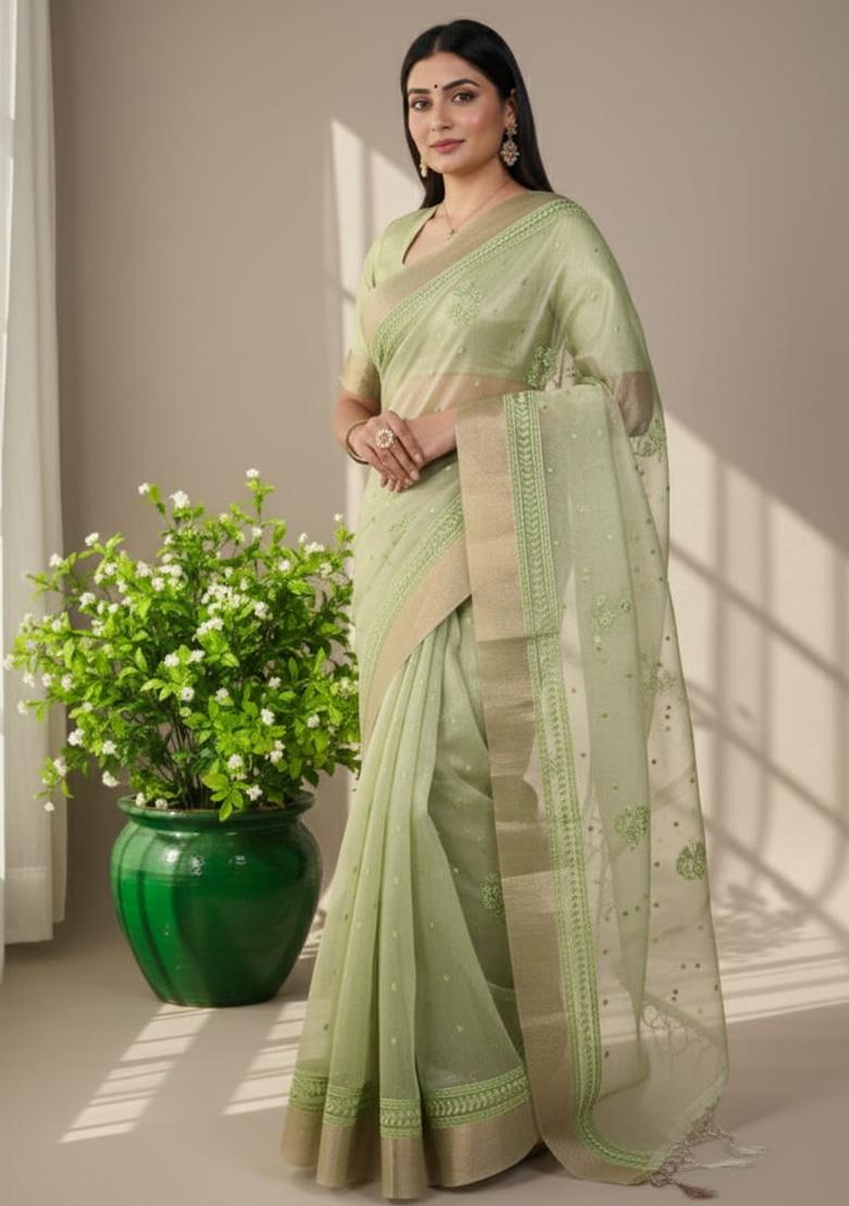 Pista Embroidered Poly Shimmer Saree - Indya